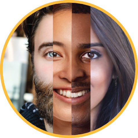 Circular image comprised of vertical slivers of four different faces to make one complete image.